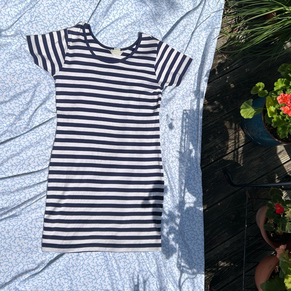 Vintage Express tricot navy and white striped mini dress, size small